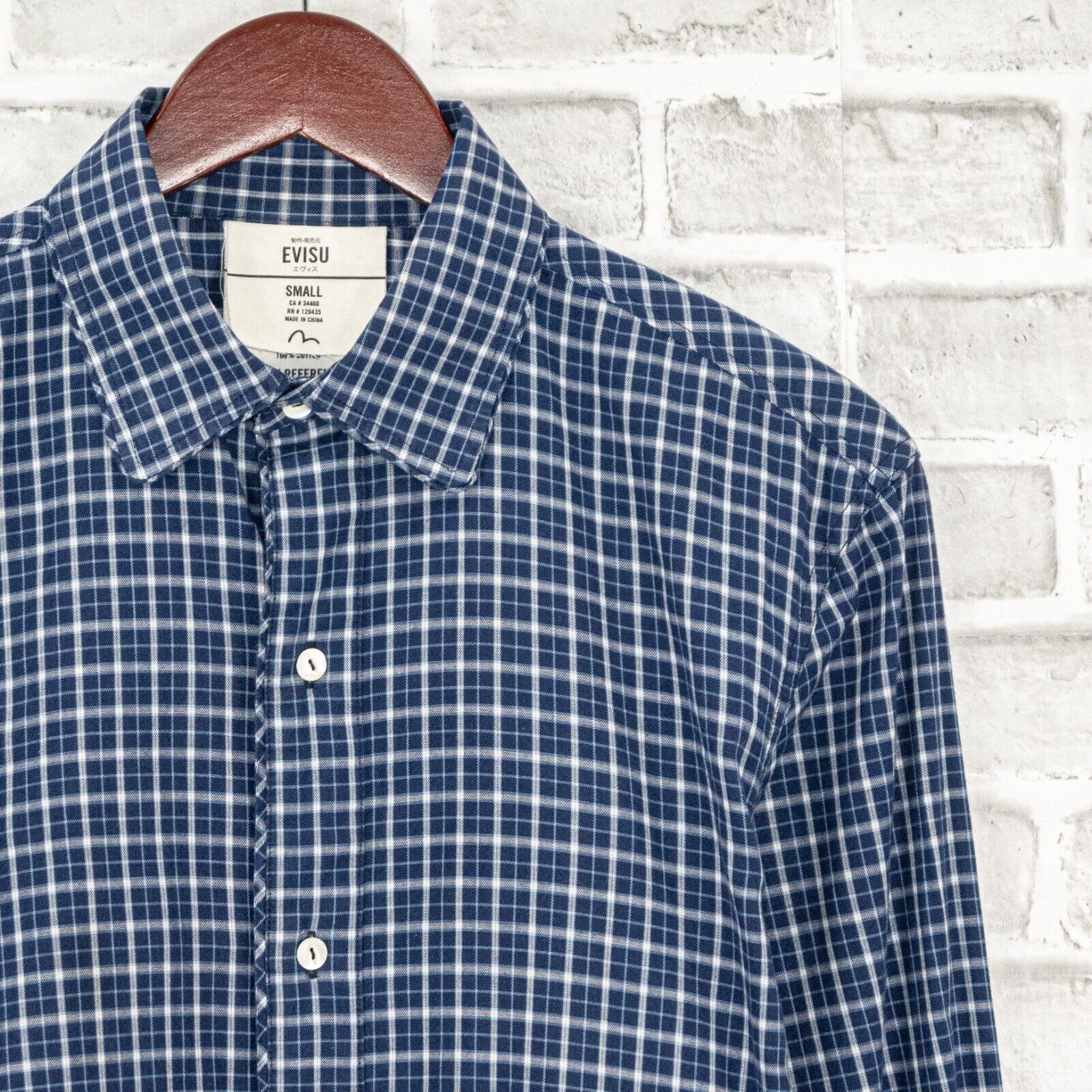 Evisu Men's Button Up Shirt Long Sleeve Blue Check Cotton Size Small